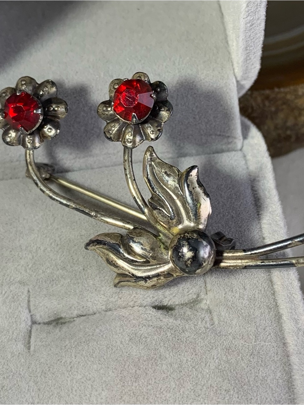 Vintage Sterling Silver Floral Brooch with Red Rhinestone Centers.Lang Sterling